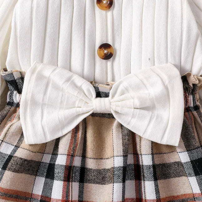 Elegante vestido de streetwear xadrez e bandana para bebês meninas, manga comprida com laço, outono e primavera
