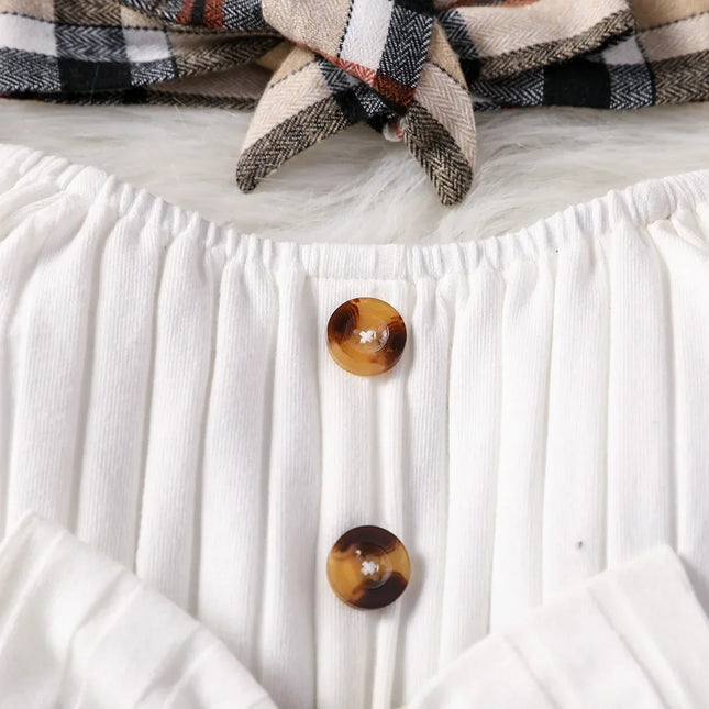 Elegante vestido de streetwear xadrez e bandana para bebês meninas, manga comprida com laço, outono e primavera