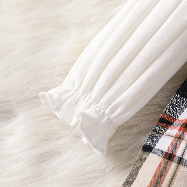 Elegante vestido de streetwear xadrez e bandana para bebês meninas, manga comprida com laço, outono e primavera