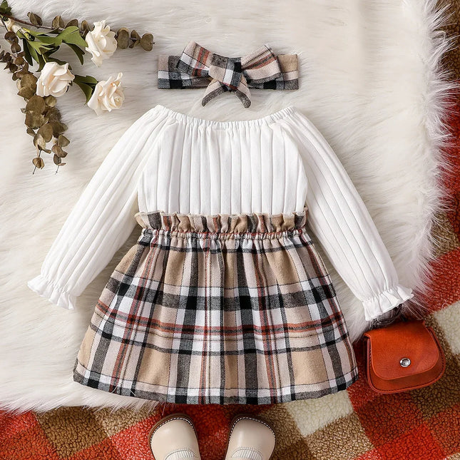 Elegante vestido de streetwear xadrez e bandana para bebês meninas, manga comprida com laço, outono e primavera