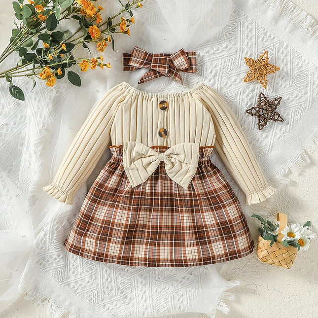 Elegante vestido de streetwear xadrez e bandana para bebês meninas, manga comprida com laço, outono e primavera
