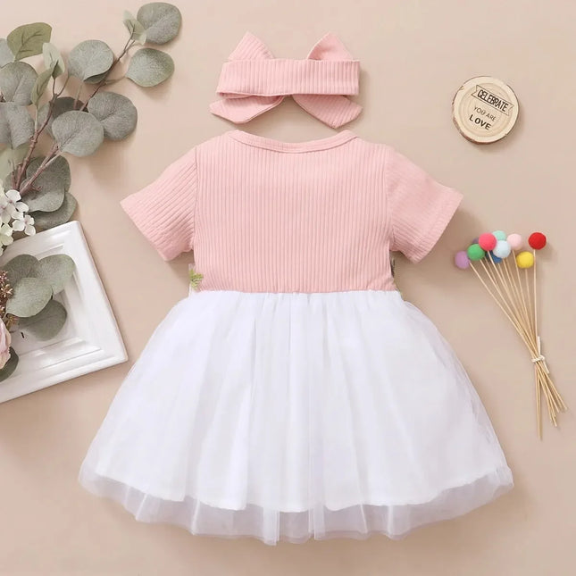 Vestido de princesa para meninas recém-nascidas de 1 a 3 anos, flores bordadas, manga curta, saia de tule, vestido de verão para crianças pequenas