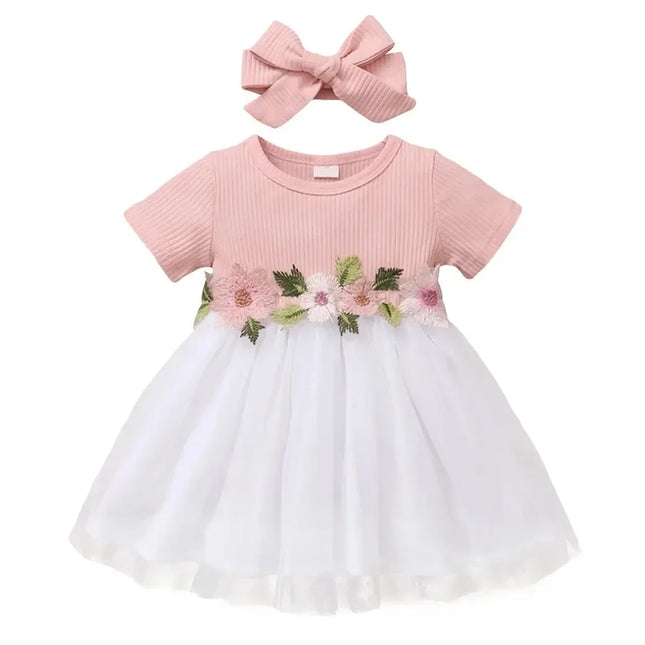 Vestido de princesa para meninas recém-nascidas de 1 a 3 anos, flores bordadas, manga curta, saia de tule, vestido de verão para crianças pequenas
