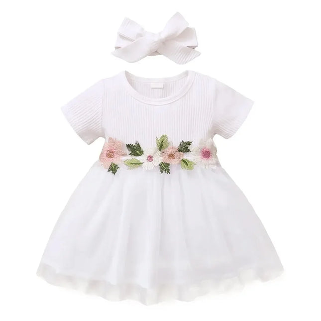 Vestido de princesa para meninas recém-nascidas de 1 a 3 anos, flores bordadas, manga curta, saia de tule, vestido de verão para crianças pequenas