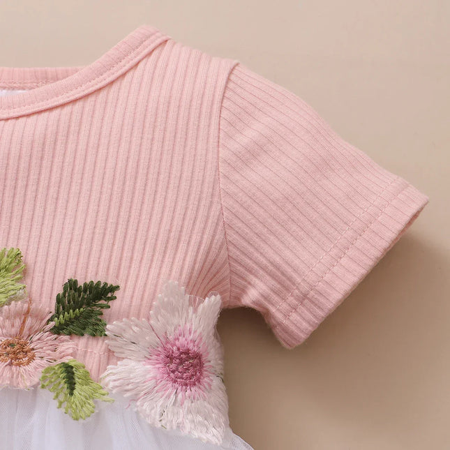 Vestido de princesa para meninas recém-nascidas de 1 a 3 anos, flores bordadas, manga curta, saia de tule, vestido de verão para crianças pequenas