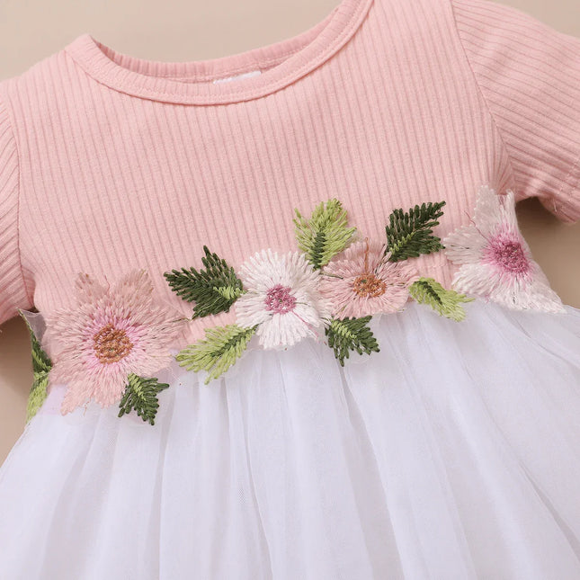 Vestido de princesa para meninas recém-nascidas de 1 a 3 anos, flores bordadas, manga curta, saia de tule, vestido de verão para crianças pequenas
