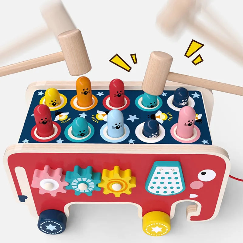 BabyToys bebê Criança Crianças De Madeira Divertido Jogo Montessori Atividade Brinquedos Para Crianças Elefante Batendo Whack-A-Mole Martelo Batendo