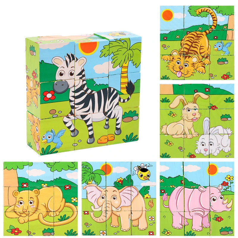 Blocos de madeira brinquedos para bebês e crianças, Cubo de seis lados, Jogo de quebra-cabeças, Animal, Fruta, Tráfego, Cognize, Aprendizagem precoce, Brinquedos Educativos