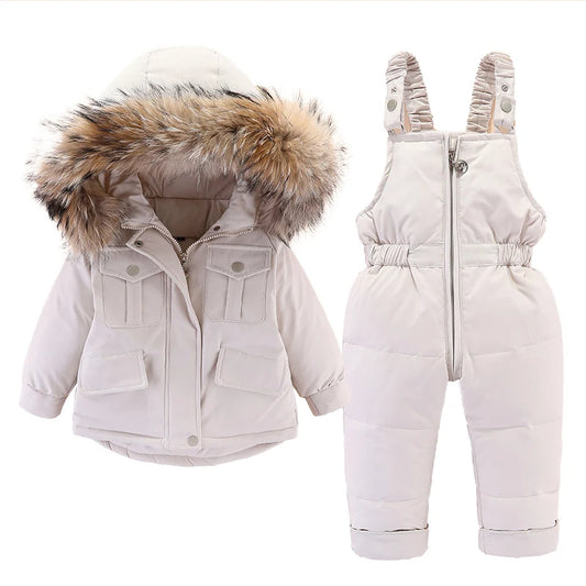 2 pçs conjunto crianças inverno para baixo jaqueta e macacão para o bebê engrossar jaqueta para meninas casaco quente gola de pele real meninos snowsuit 0-4y