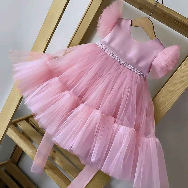 Vestido de princesa menina com vestido de renda, vestido de bebê, roupa elegante infantil, festa de aniversário, rosa, vestido de casamento infantil