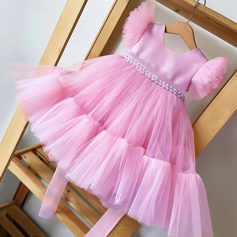 Vestido de princesa menina com vestido de renda, vestido de bebê, roupa elegante infantil, festa de aniversário, rosa, vestido de casamento infantil