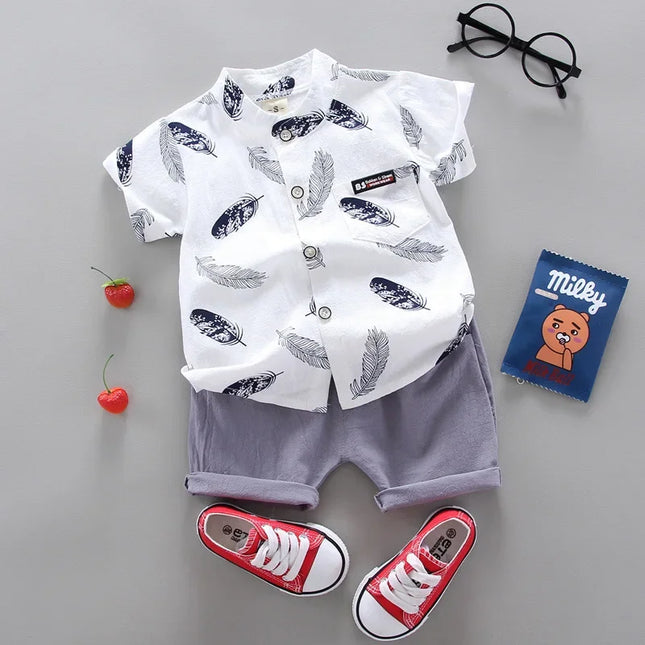 Fatos de treino de algodão infantis, camisa e shorts estampados, roupas de bebê, roupas infantis, moda verão, novo conjunto de 2 peças