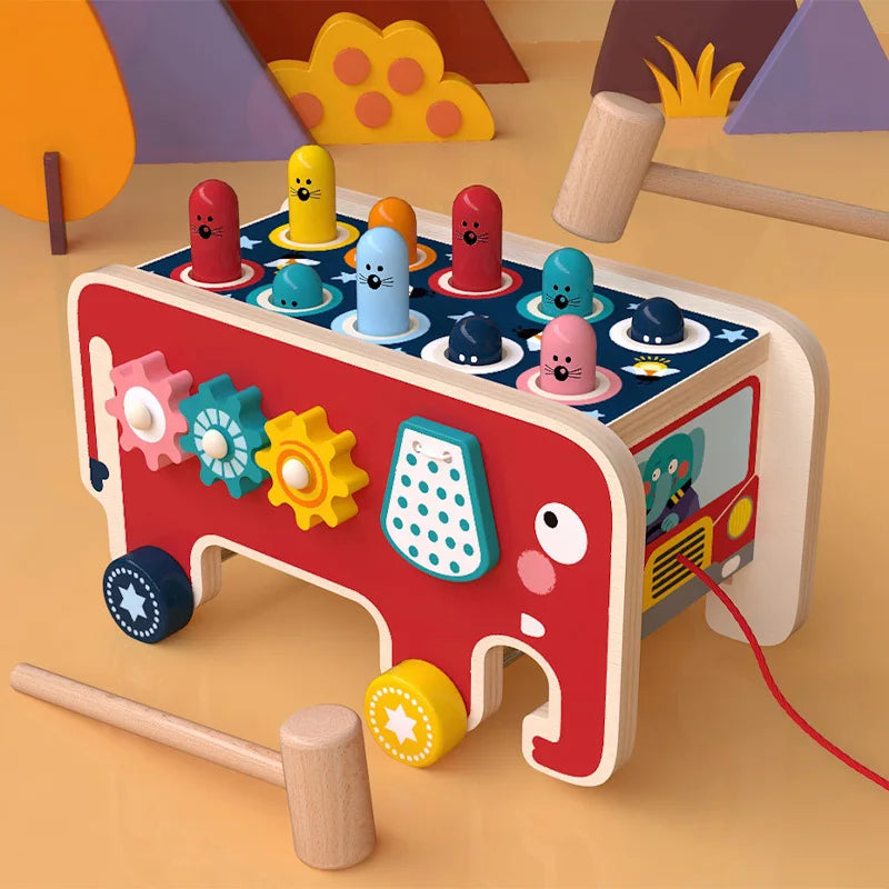 BabyToys bebê Criança Crianças De Madeira Divertido Jogo Montessori Atividade Brinquedos Para Crianças Elefante Batendo Whack-A-Mole Martelo Batendo