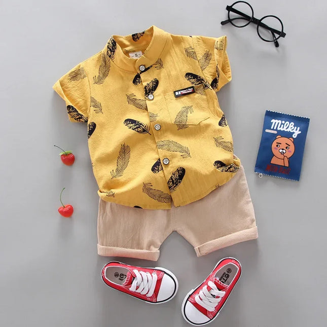 Fatos de treino de algodão infantis, camisa e shorts estampados, roupas de bebê, roupas infantis, moda verão, novo conjunto de 2 peças