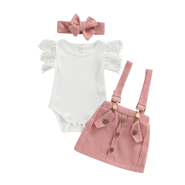 Conjunto Bebê Menina 3 Peças – Body com Babado, Saia com Alças e Faixa de Cabelo 🎀