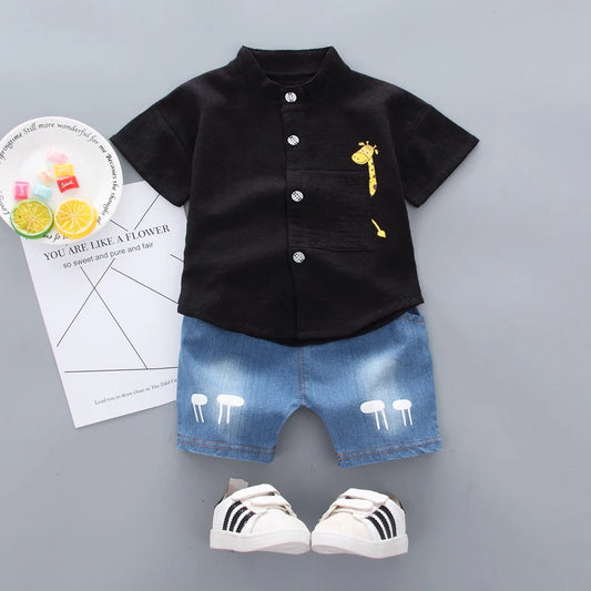 Novo verão venda quente da criança crianças do bebê meninos camisa dos desenhos animados topos denim shorts calças conjunto roupas de bebê