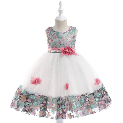 Verão Kids Girl Dress Bordado Flower Girls Birthday Party Dresses Crianças Princess Prom Costums Roupas formais 3 8 Anos