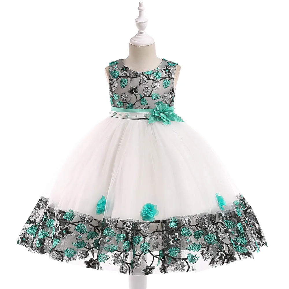 Verão Kids Girl Dress Bordado Flower Girls Birthday Party Dresses Crianças Princess Prom Costums Roupas formais 3 8 Anos