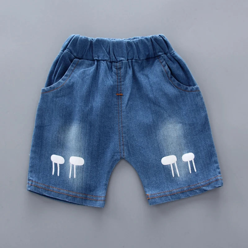 Novo verão venda quente da criança crianças do bebê meninos camisa dos desenhos animados topos denim shorts calças conjunto roupas de bebê