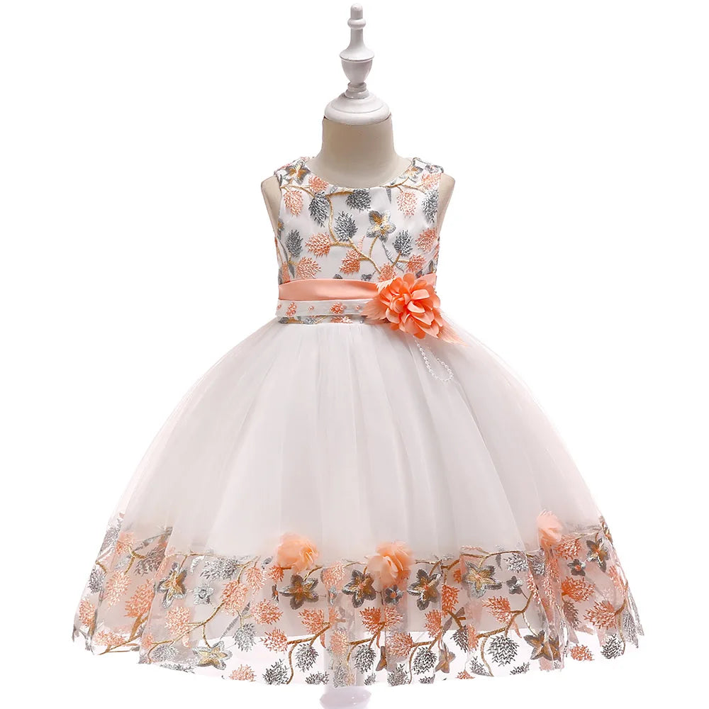 Verão Kids Girl Dress Bordado Flower Girls Birthday Party Dresses Crianças Princess Prom Costums Roupas formais 3 8 Anos