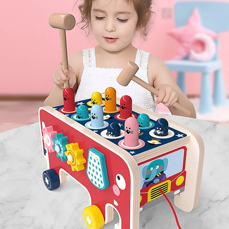 BabyToys bebê Criança Crianças De Madeira Divertido Jogo Montessori Atividade Brinquedos Para Crianças Elefante Batendo Whack-A-Mole Martelo Batendo