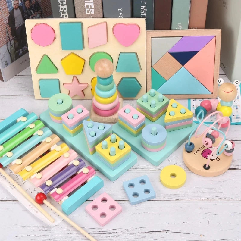 Montessori brinquedos de madeira para crianças, blocos coloridos Macaron, aprendendo brinquedo, música do bebê chocalhos, gráfico, quente