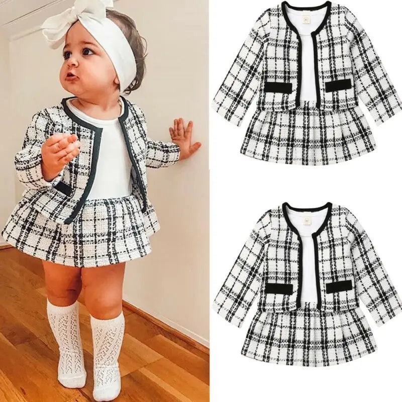 Conjunto de roupas xadrez brancas femininas, roupas de princesa, outono inverno, tops de casaco xadrez, vestido tutu retalhos, trajes formais, 1-6 anos, 2 peças