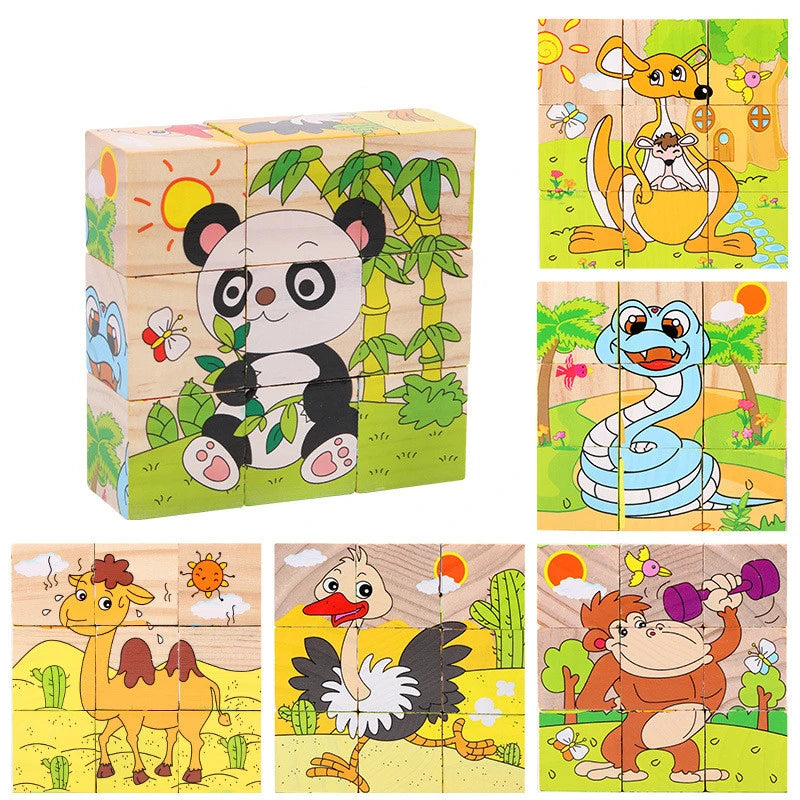 Blocos de madeira brinquedos para bebês e crianças, Cubo de seis lados, Jogo de quebra-cabeças, Animal, Fruta, Tráfego, Cognize, Aprendizagem precoce, Brinquedos Educativos