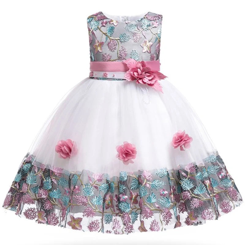 Verão Kids Girl Dress Bordado Flower Girls Birthday Party Dresses Crianças Princess Prom Costums Roupas formais 3 8 Anos