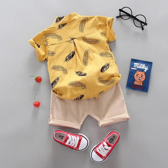 Fatos de treino de algodão infantis, camisa e shorts estampados, roupas de bebê, roupas infantis, moda verão, novo conjunto de 2 peças
