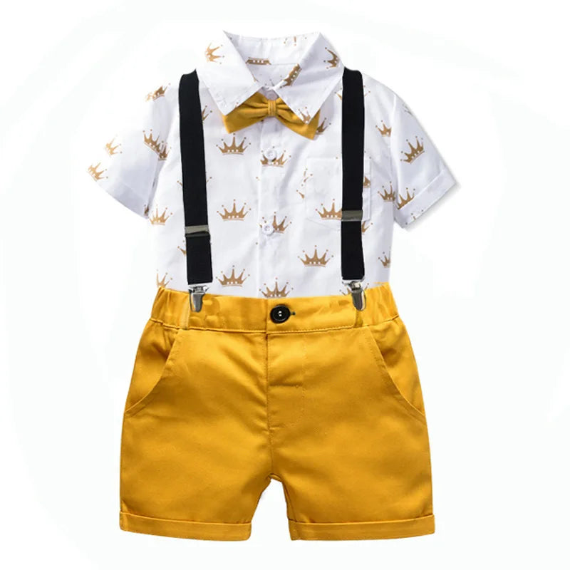 Camisa estampada coroa com laço e cinto de couro para meninos, roupa formal infantil, conjunto de roupas de festa de aniversário, verão, 1, 2, 3, 4, 5, 6 anos