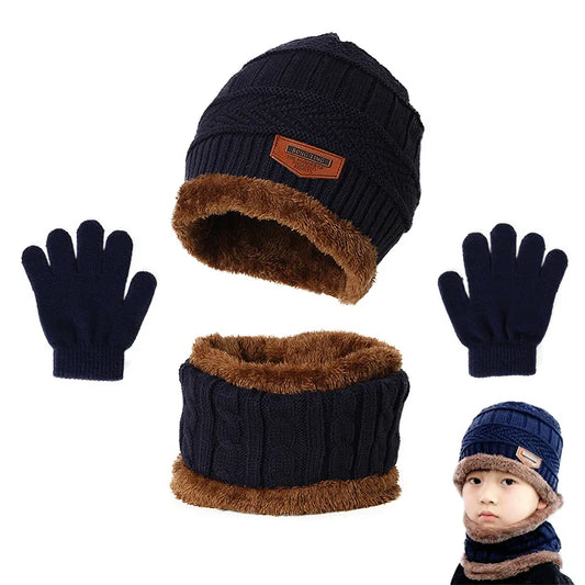 Inverno Chapéu Cachecol e Luvas Set Plush Warmer Crianças Chapéu De Malha Bebê Meninos Gorros Cap Neck Scarf Glove Suit Para Crianças Accessori