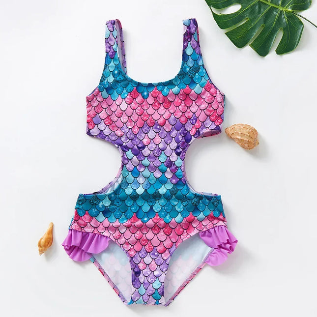 Novo maiô infantil integrado, design de escala de peixe gradiente para meninas de 3 a 12 anos, maiô de uma peça, roupa de banho infantil