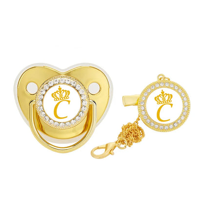 Luxo Clipes de chupeta do bebê, recém-nascido Crown Letter, suporte personalizado, Gold Bling, mamilo infantil, mordedores de silicone, novo, 2pcs