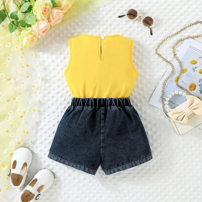 Shorts jeans pérola e bow top feminino, roupa de criança, conjunto de roupas infantis, criança, 2-7 anos, verão