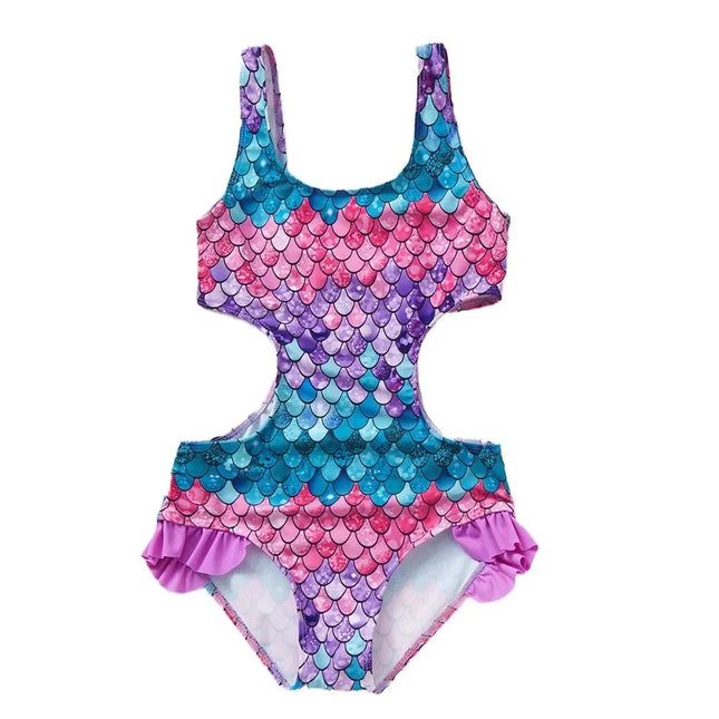 Novo maiô infantil integrado, design de escala de peixe gradiente para meninas de 3 a 12 anos, maiô de uma peça, roupa de banho infantil