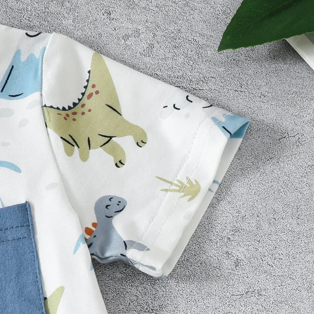 Dinossauro do bebê menino impressão t-shirt top set, decoração de nó falso, shorts de bolso, bonito, casual, verão, 2 peças