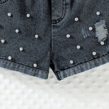 Shorts jeans pérola e bow top feminino, roupa de criança, conjunto de roupas infantis, criança, 2-7 anos, verão