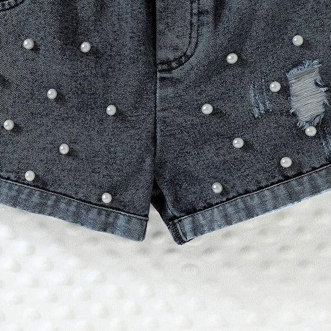 Shorts jeans pérola e bow top feminino, roupa de criança, conjunto de roupas infantis, criança, 2-7 anos, verão