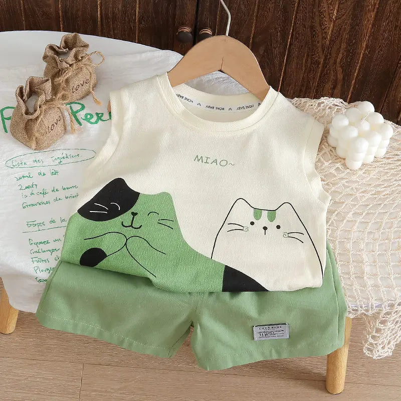 Crianças dos desenhos animados gato colete camiseta e shorts, roupas infantis terno, fatos de treino infantil, moda criança, verão, 2pcs por conjunto