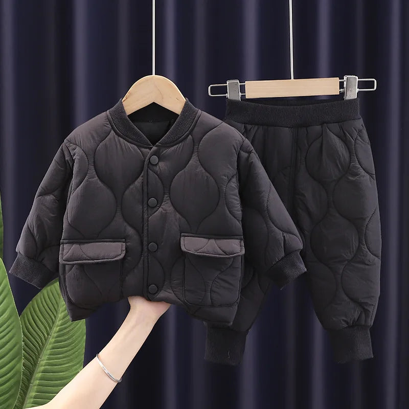 Conjunto de calças e jaqueta grossa infantil, clipe de algodão, top, roupas de menino, versão coreana, inverno