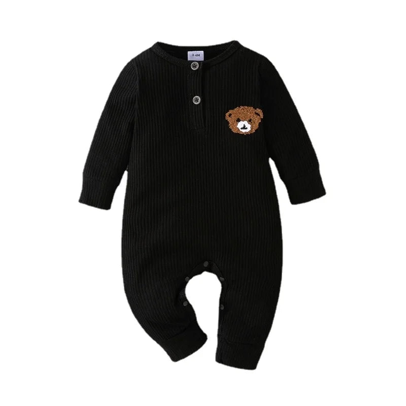 Urso dos desenhos animados Tiny Button Onesies para o bebê recém-nascido, macacão infantil de manga comprida, macacão infantil, 0 a 18 meses