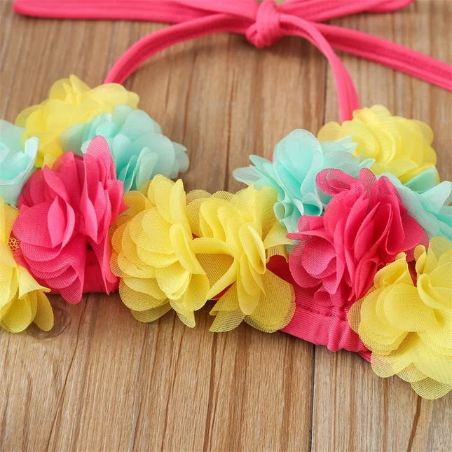 Maiô de 3 partes para a menina, projeto da flor, halter pescoço top + plissado shorts + swim caps, roupas de praia, verão