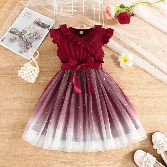 Vestido de princesa sem mangas com babados para crianças, vestido para menina, moda fofa, 2 a 8 anos, verão