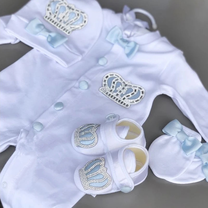 Nome personalizado bebê macacão menino algodão roupas de bebê recém-nascido 0-3 mês strass coroa jurken branco pijamas do bebê conjunto para meninos