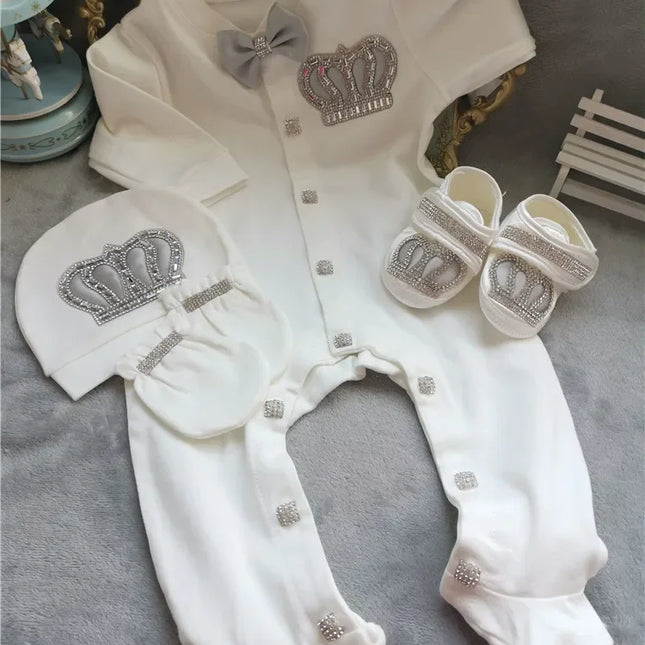 Nome personalizado bebê macacão menino algodão roupas de bebê recém-nascido 0-3 mês strass coroa jurken branco pijamas do bebê conjunto para meninos