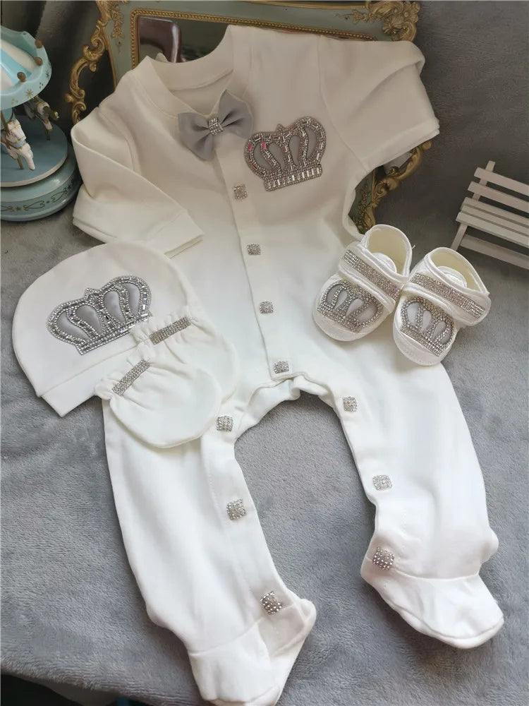 Nome personalizado bebê macacão menino algodão roupas de bebê recém-nascido 0-3 mês strass coroa jurken branco pijamas do bebê conjunto para meninos