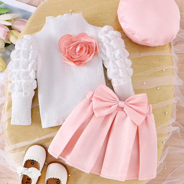 3 pçs outono novo estilo para meninas de 0-3 anos confortável doce manga bolha topo + saia plissada rosa + chapéu conjunto