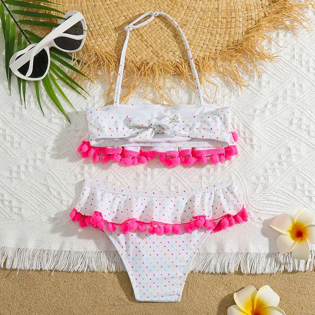 Menina Ruffle Pompom Bikini Set Swimsuit Crianças Halter Top Two Piece Crianças Swimwear Estrelas Imprimir 3-12 Anos Criança Maiô