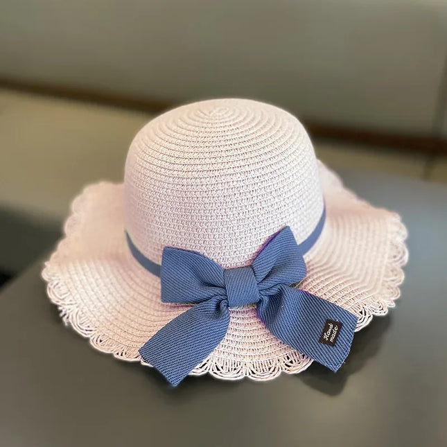 Verão Meninas Praia Chapéus De Sol Lótus Folha Brim Bonito Squinting Olhos Bowknot Outdoor Sun Protection Crianças Cap Palha Crianças